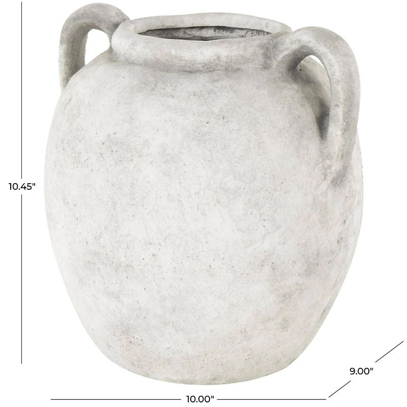 10.5" White Ceramic Antique Style Textured Vase with Black Shadings & Handles