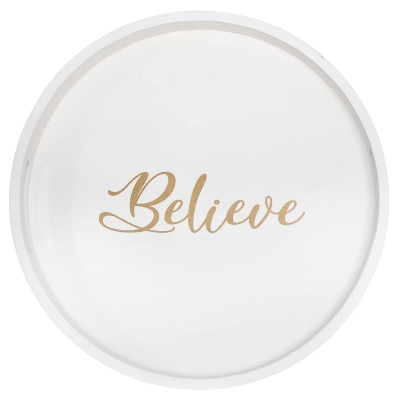 Elegant Designs™ 13.8" Round White Wash Believe Serving Tray with Handles