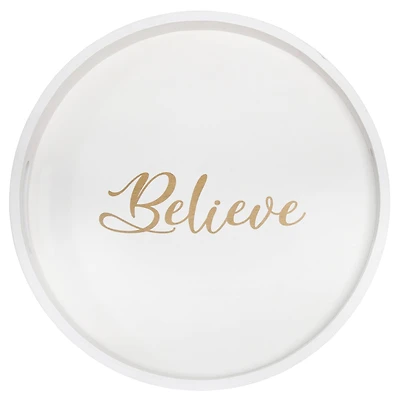 Elegant Designs™ 13.8" Round White Wash Believe Serving Tray with Handles