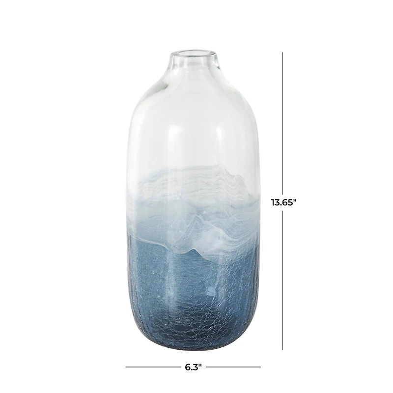 Dark Blue Glass Wavy Ombre Decorative Vase with Textured Base