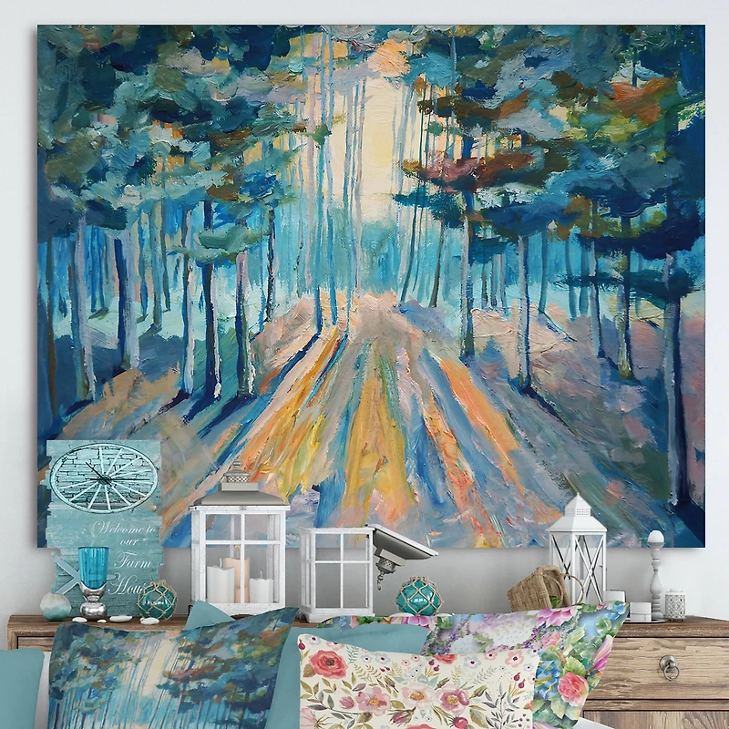 Designart - Handpainted Sunlight In Winter Forest