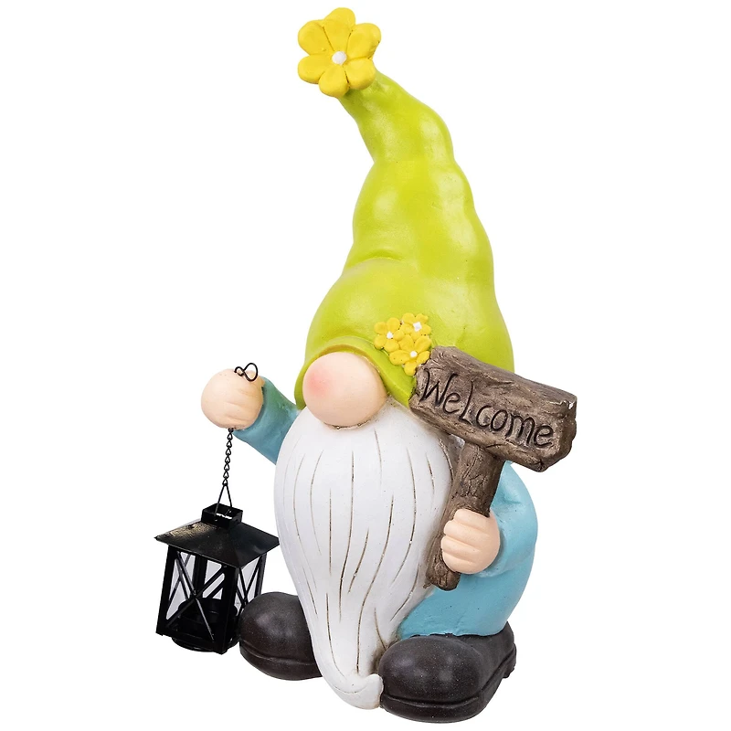 17.75" Welcome Gnome with Lantern Outdoor Garden Statue