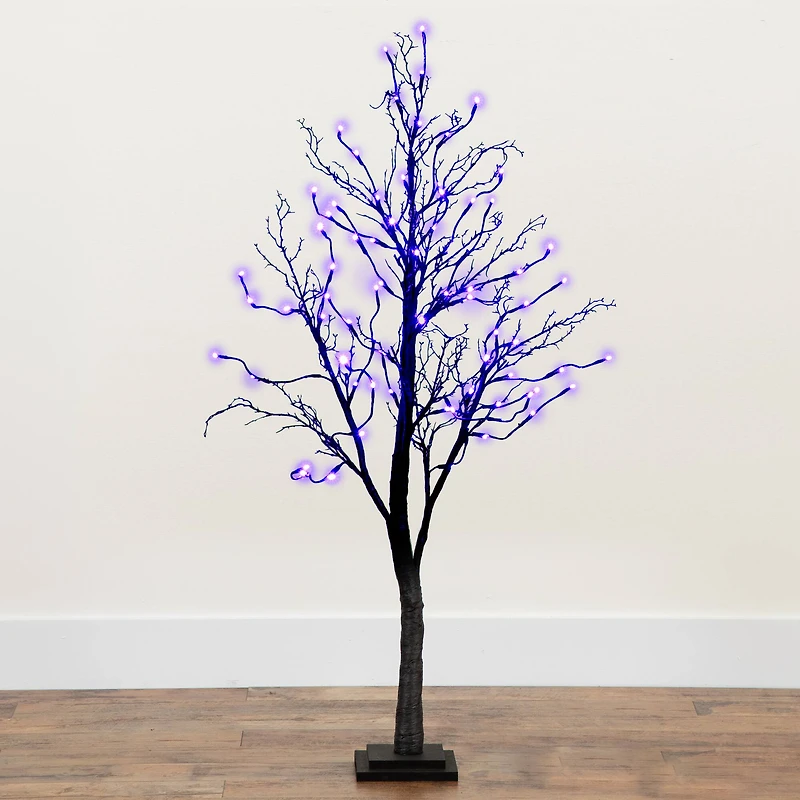 4ft. Orange & Purple LED Pre-Lit Halloween Deluxe Black Twig Artificial Fall Tree