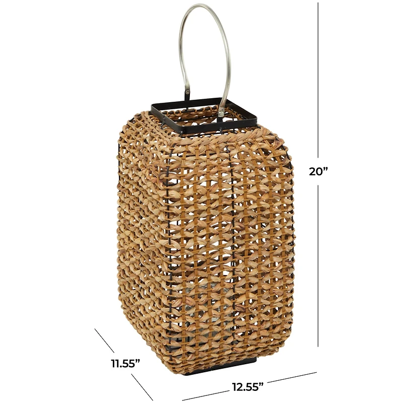 20" Brown Dried Plant Handmade Rattan Weaved Candle Lantern with Glass Holder and Handle