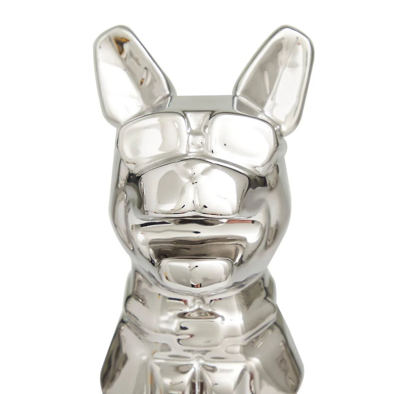 CosmoLiving by Cosmopolitan Silver Porcelain Bulldog with Sunglasses Sculpture Set