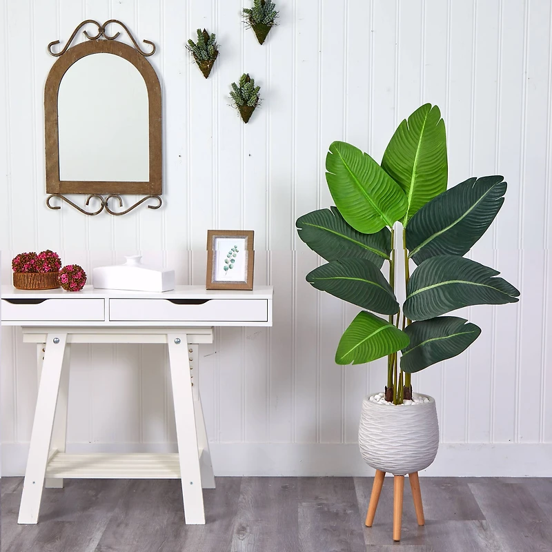 5ft. Travelers Palm Artificial Tree in White Planter with Stand