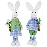 18.75" Bunny Couple in Matching Checkered Outfits Easter Figures Set