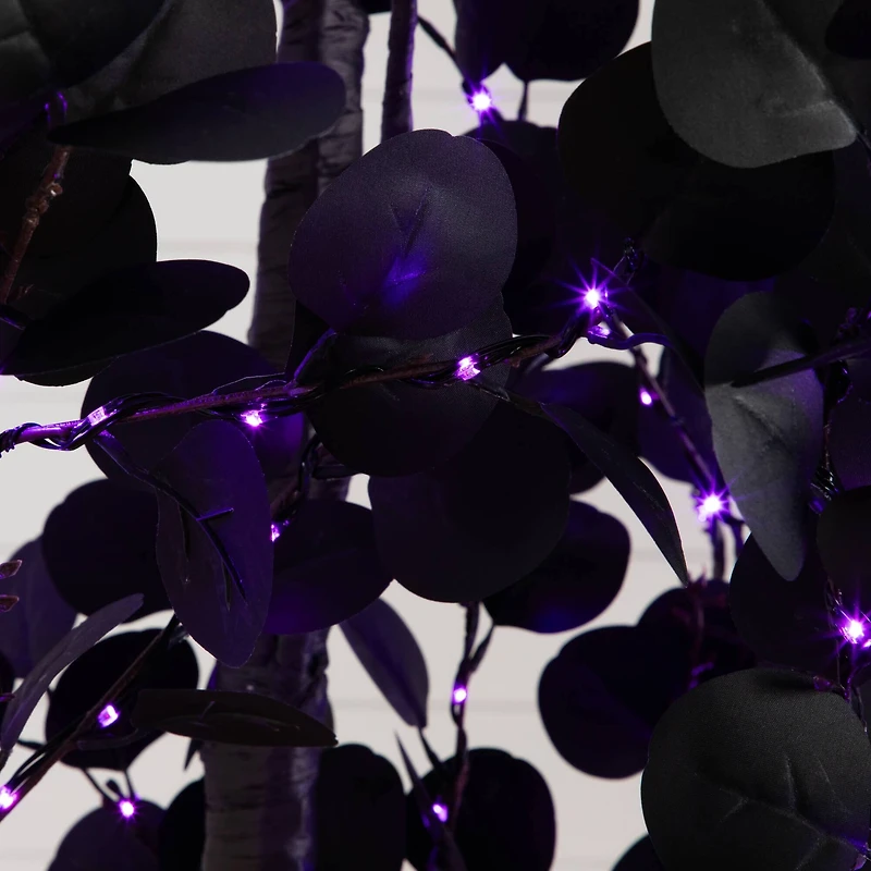 9ft. Pre-Lit Artificial Halloween Black Eucalyptus Tree with 700 Orange & Purple LED Lights