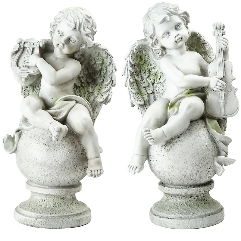 14.75" White Cherub Angels with Instruments Sitting Set on Finials Outdoor Garden Statues