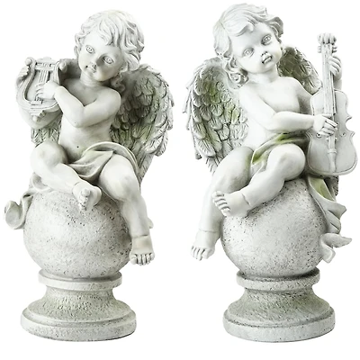 14.75" White Cherub Angels with Instruments Sitting Set on Finials Outdoor Garden Statues