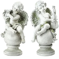 14.75" White Cherub Angels with Instruments Sitting Set on Finials Outdoor Garden Statues