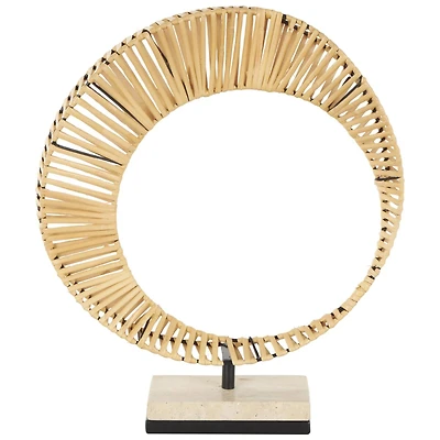 15.5" Brown Rattan Abstract Handmade Mobius Strip Inspired Sculpture with White Marble Base