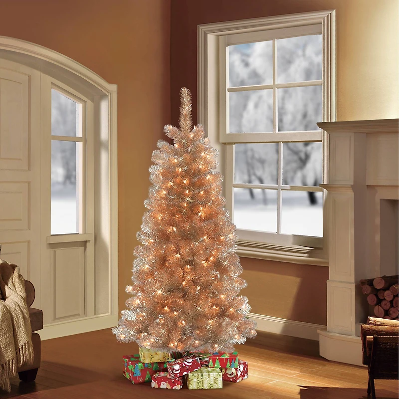 6 Pack: 4.5ft. Pre-Lit Rose Gold Tinsel Artificial Christmas Tree, Clear Lights