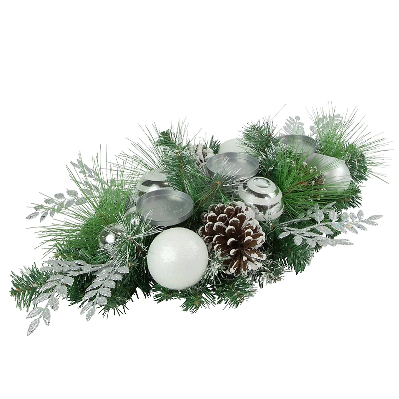 30" Green Pine & Needle Triple Candle Holder with Pinecones & Christmas Ornaments