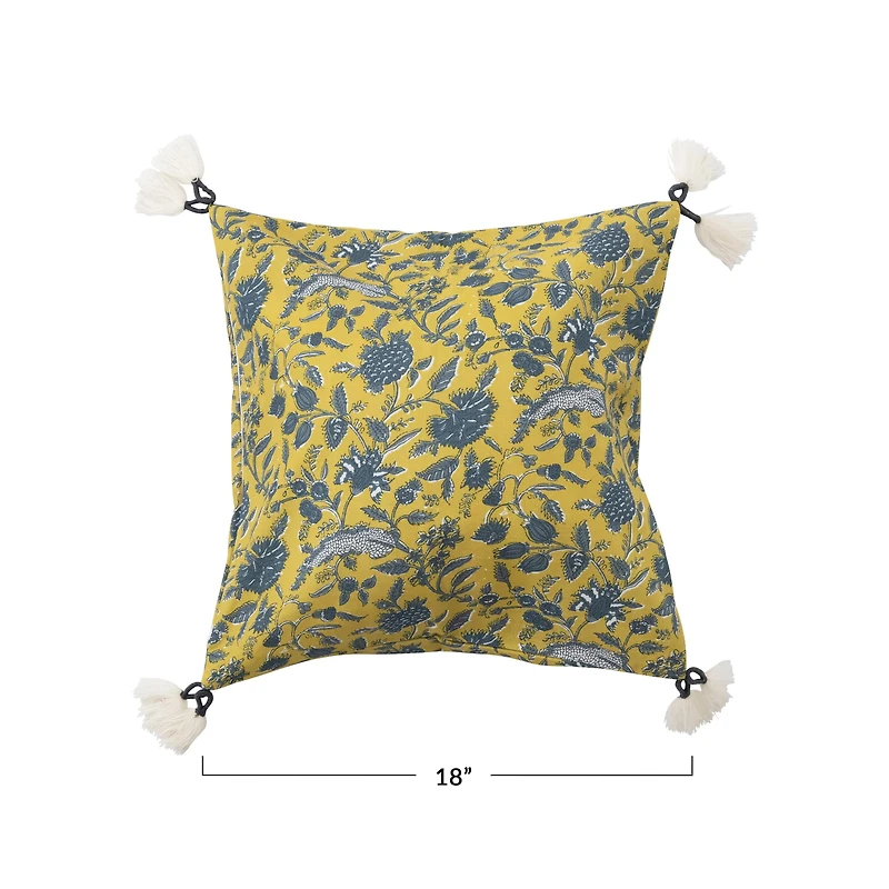 Hello Honey® Chartreuse & Blue Floral Pattern Cotton Pillow with Yarn-Wrapped Tassels