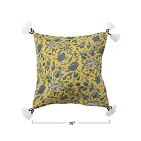 Hello Honey® Chartreuse & Blue Floral Pattern Cotton Pillow with Yarn-Wrapped Tassels