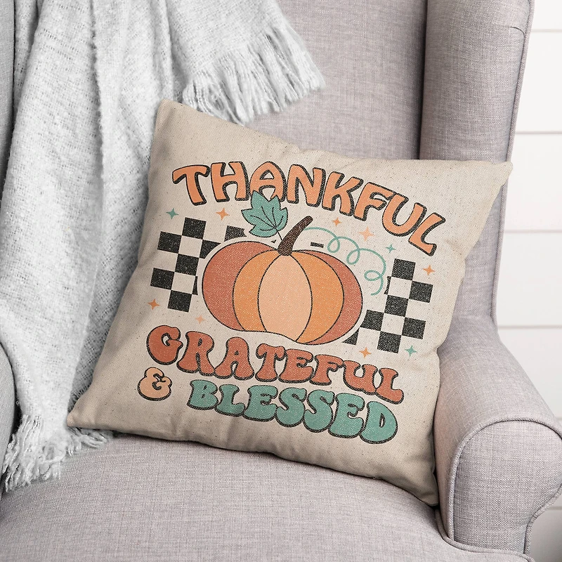 Thankful Grateful Blessed Check 18" x 18" Indoor / Outdoor Pillow