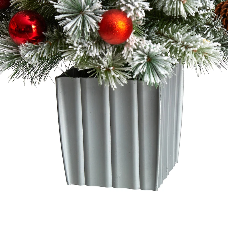 4ft. Pre-Lit Winter Flocked Artificial Christmas Tree in Decorative Planter, White LED Lights