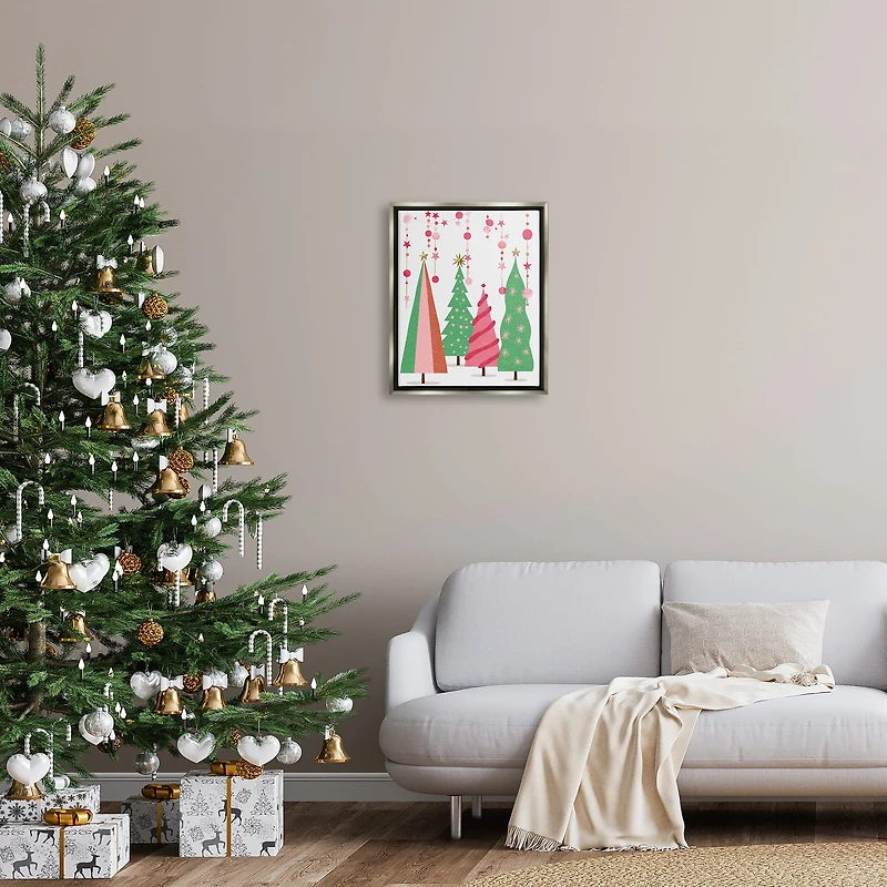 Stupell Industries Pink & Green Christmas Trees Framed Floater Canvas Wall Art