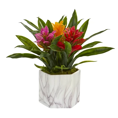 11'' Bromeliad Plant in Marble Finished Vase