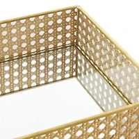 Brown Woven Rattan Tray Set with Mirrored Glass Interiors