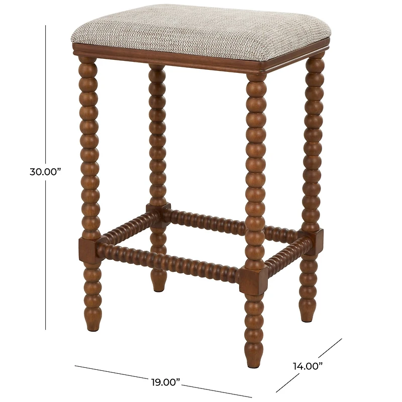 Brown Fabric Counter Stool with Wood Perle Legs & Beige Cushion