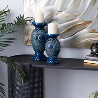 Blue Ceramic Eclectic Candle Holder Set