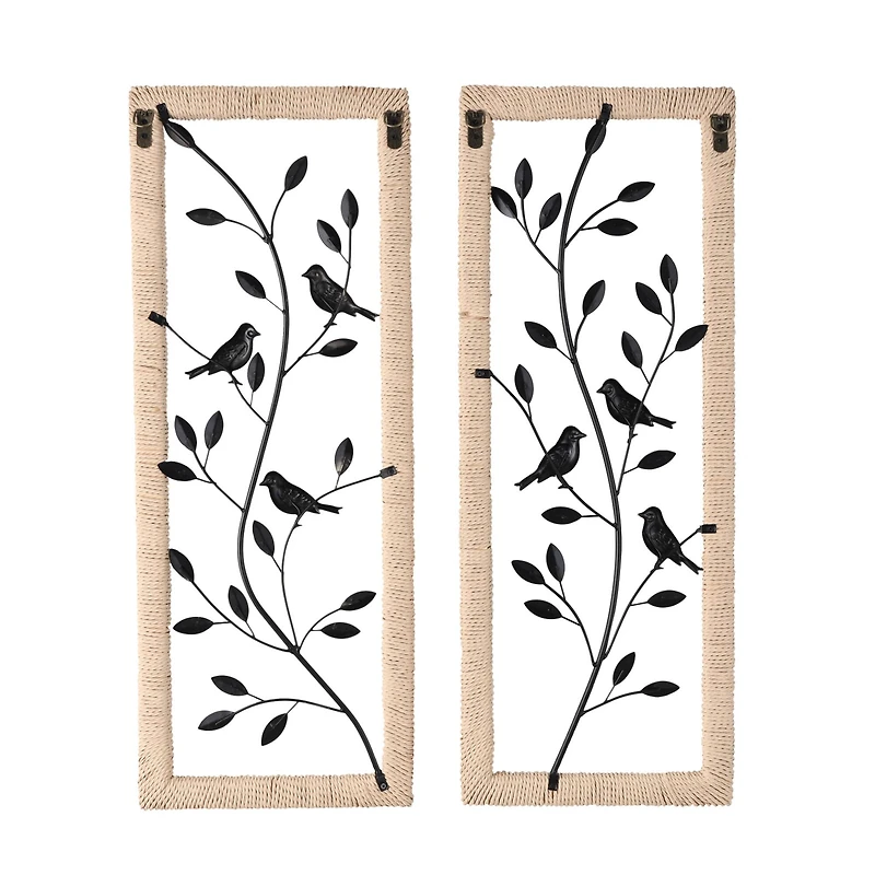 Black Metal Leaf Wall Décor with Cream Rattan Frame and Bronze Bird Accents, Set of 2