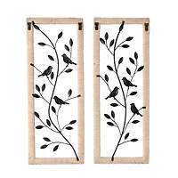 Black Metal Leaf Wall Décor with Cream Rattan Frame and Bronze Bird Accents, Set of 2