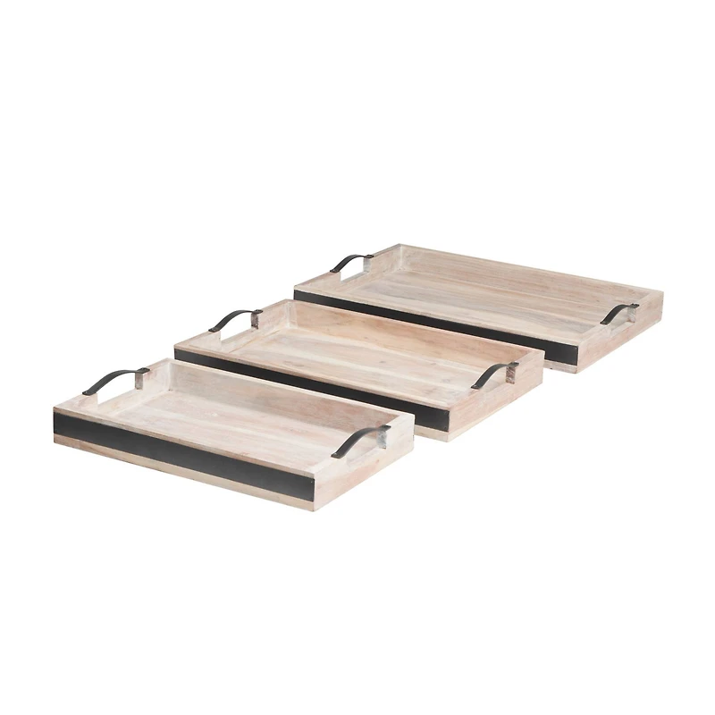 Cream Mango Wood Nesting Tray Set with Black Metal Handles