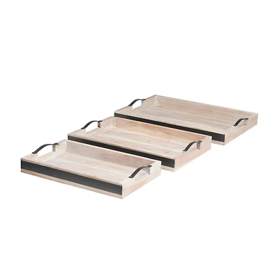 Cream Mango Wood Nesting Tray Set with Black Metal Handles