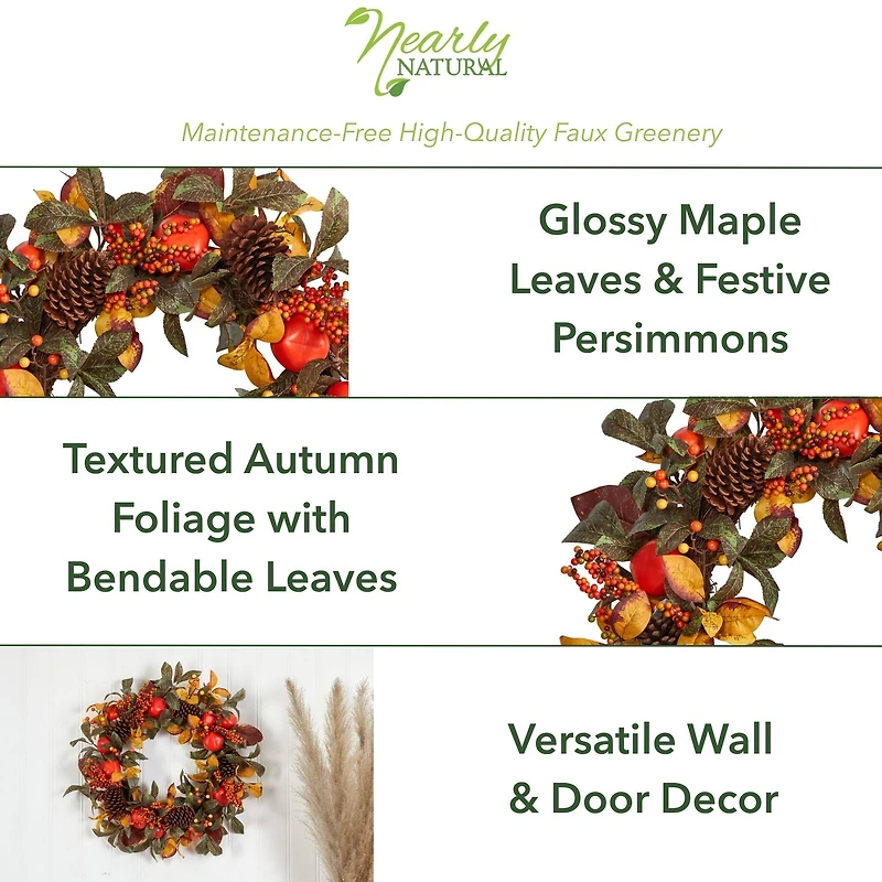 26" Autumn Persimmon & Pinecones Fall Wreath