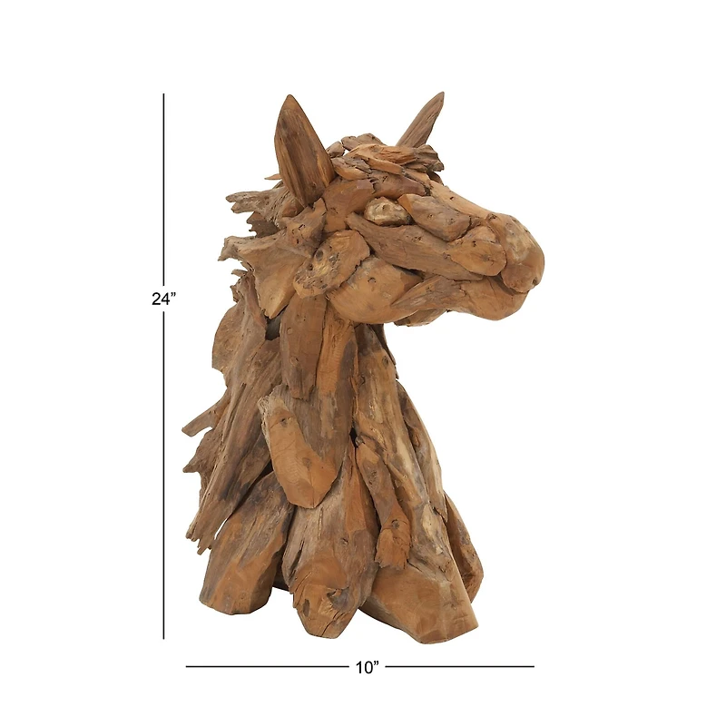 24" Brown Teak Wood Horse Sculpture