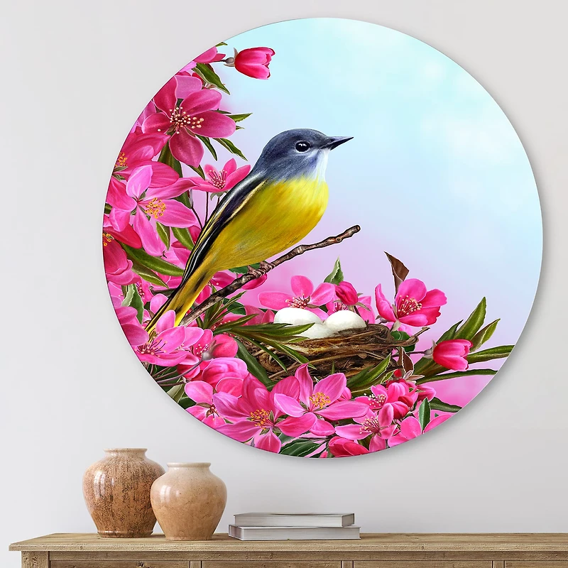 Designart - Little Yellow Bird Near The Nest with Flowers