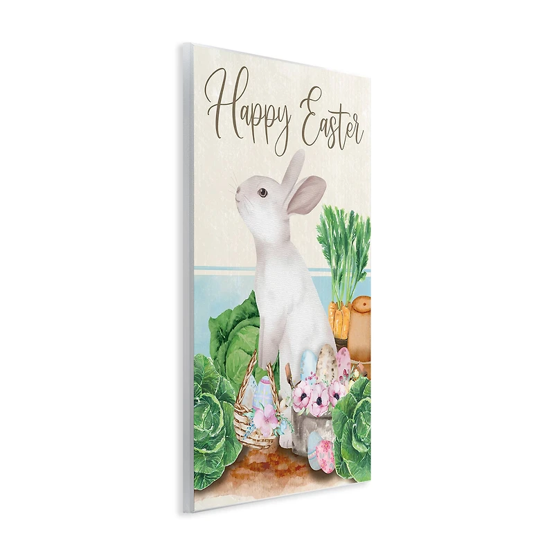 Stupell Industries Happy Easter Bunny Rabbit Greens Eggs Basket Wall Plaque Art