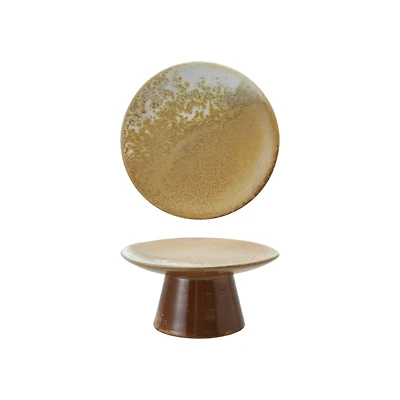 Hello Honey Stoneware Food Pedestal with Reactive Glaze, Brown
