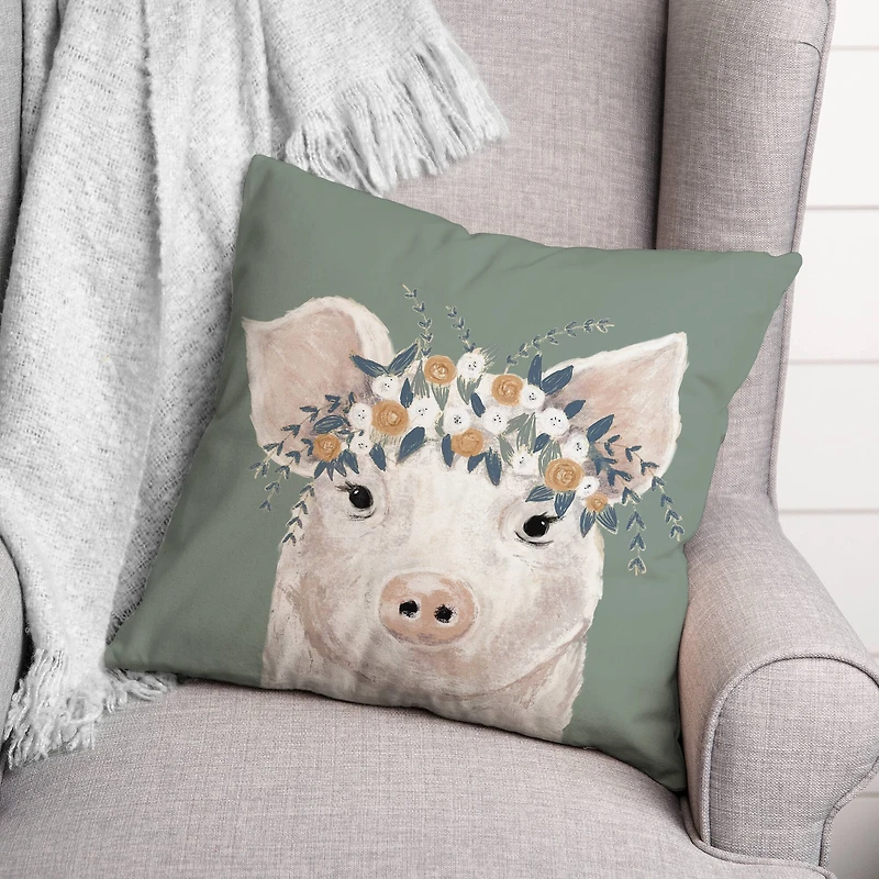 Pig With Flowers 18" x 18" Throw Pillow