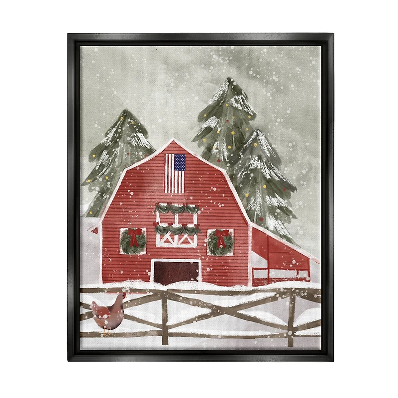 Stupell Industries Snowy Country Barn American Flag Framed Floater Canvas Wall Art
