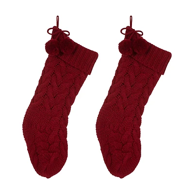 Glitzhome® 24" Red Knitted Polyester Christmas Stocking with Pom Pom
