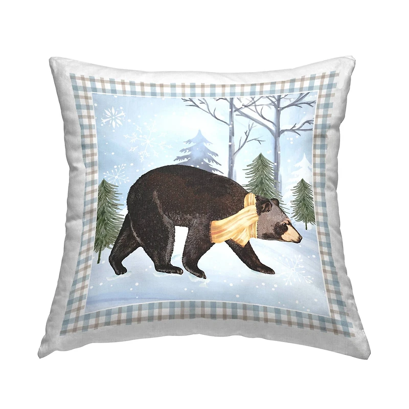 Stupell Industries Snowy Bear & Blue Tartan Border Throw Pillow
