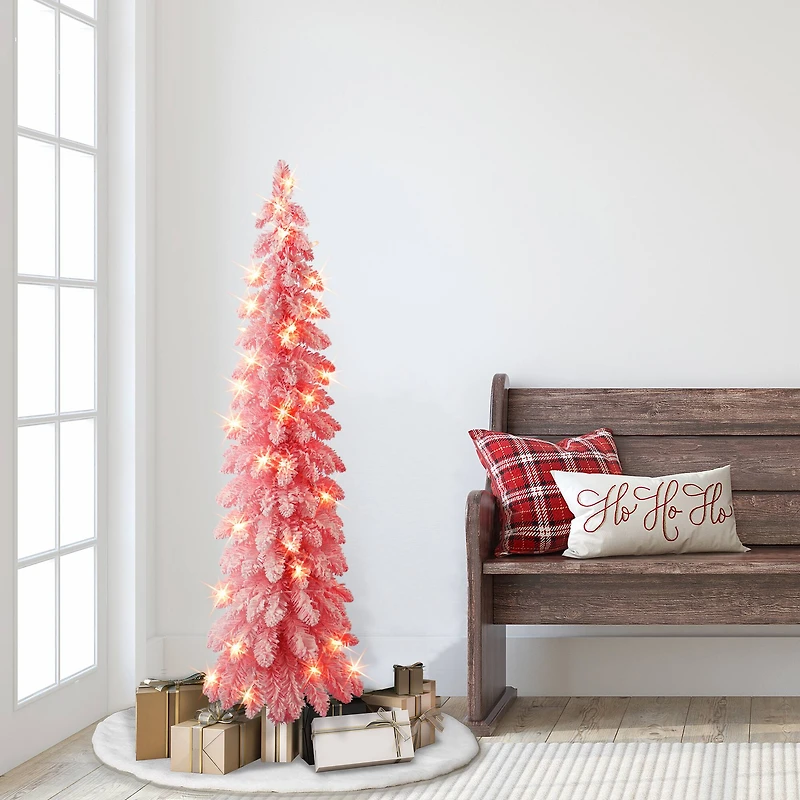 4ft. Pre-Lit Flocked Pink Alpine Artificial Christmas Tree, Clear Lights