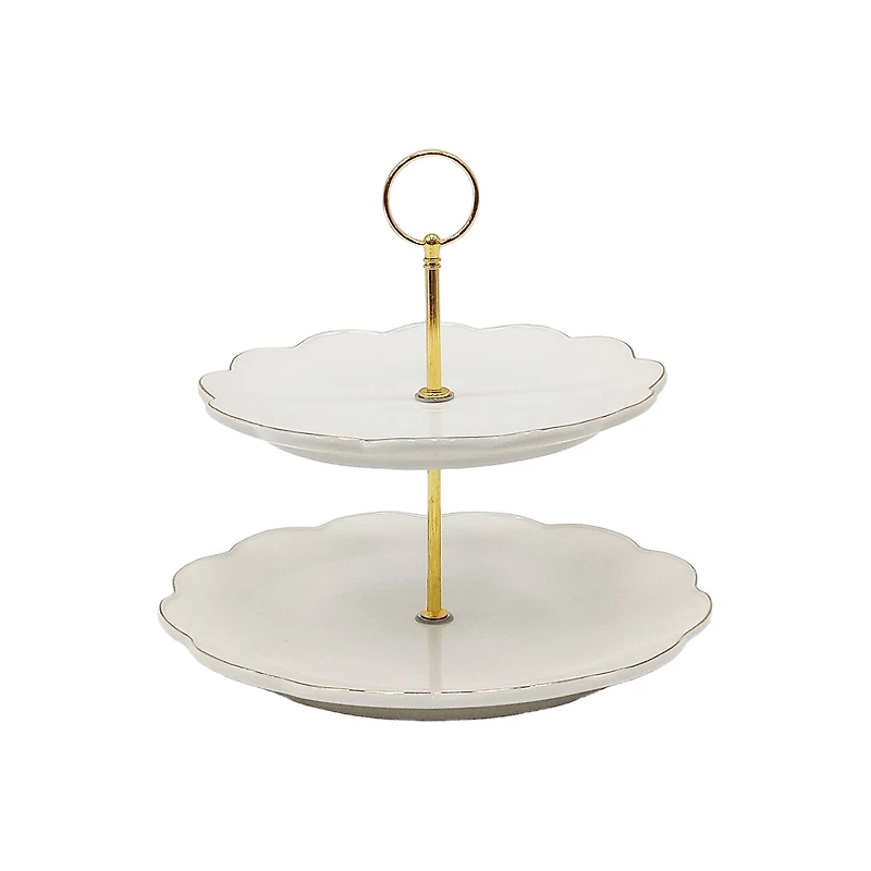 9" Gold-Edge Scalloped White Ceramic 2-Tier Tray by Ashland®