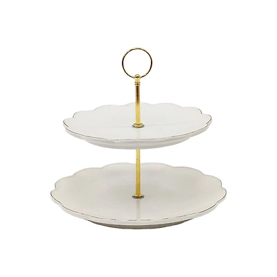 9" Gold-Edge Scalloped White Ceramic 2-Tier Tray by Ashland®