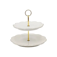 9" Gold-Edge Scalloped White Ceramic 2-Tier Tray by Ashland®
