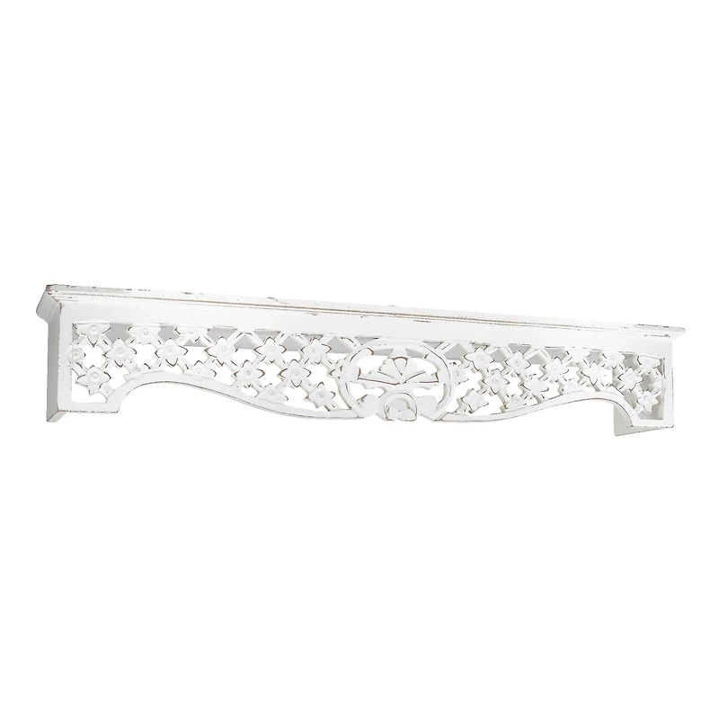 30" Whitewashed Hand-Carved Medallion Floating Wall Shelf