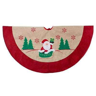 36" Santa Claus in Sleigh Burlap & Embroidered Christmas Tree Skirt