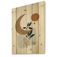 Designart - Abstract Sun & Moon With Minimal Plants - Modern Print on Natural Pine Wood