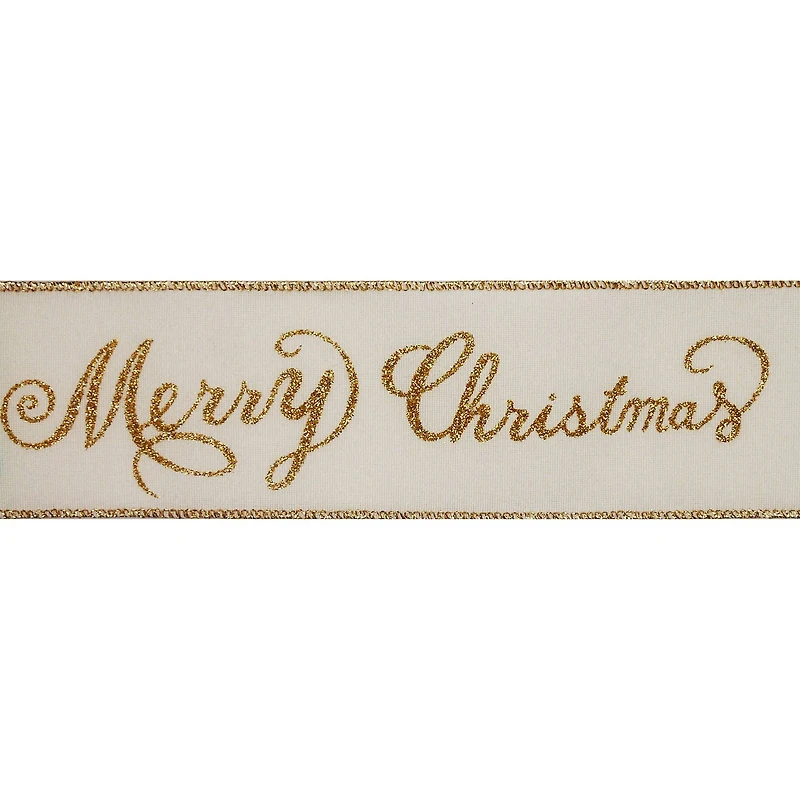 2.5" x 20ft. Gold Glitter Merry Christmas Wired Faux Linen Ribbon by Celebrate It®