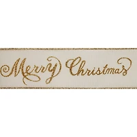 2.5" x 20ft. Gold Glitter Merry Christmas Wired Faux Linen Ribbon by Celebrate It®