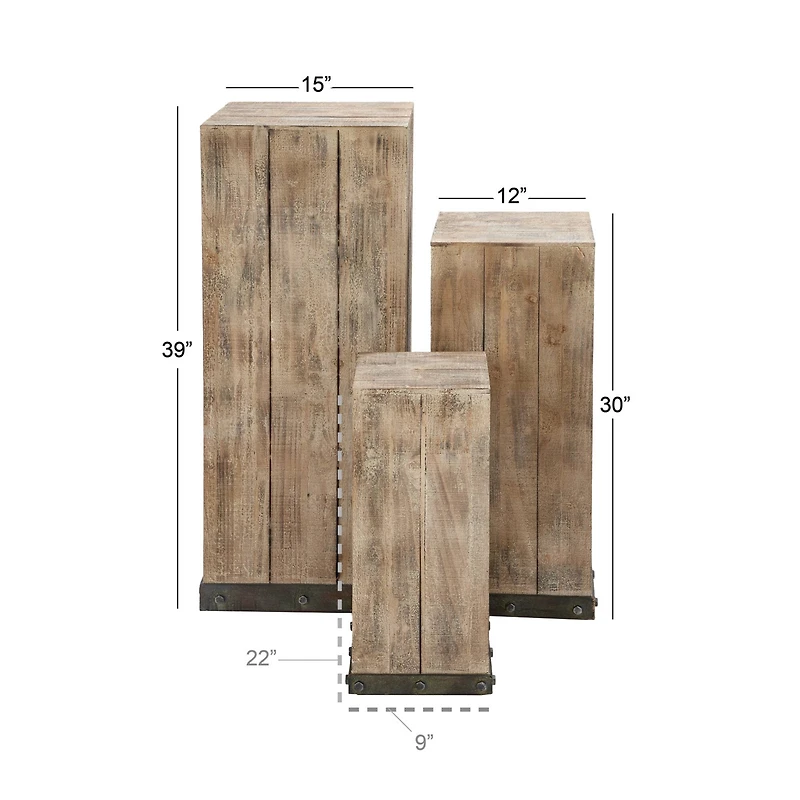Set of 3" Brown Wood Rustic Pedestal Table, 39", 30", 22"